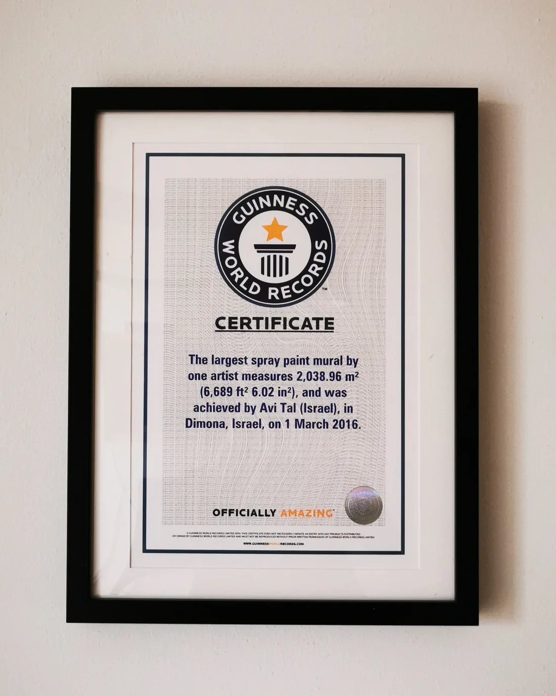 Guinness World Record certificate — Largest spray-paint mural by one artist, awarded to Avi Tal (SPINE B7), 1 March 2016